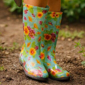 New Sloggers Gardening Rain Pull On Women's Boots Teal Floral Pansies